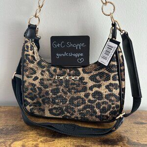 New Bebe Leopard Print Crossbody Shoulder Bag Rhinestone Shiny Cute Gold